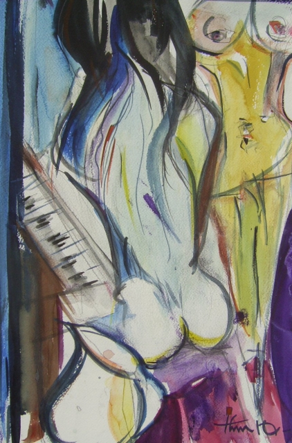 Zwei Frauen am Klavier. Aquarell